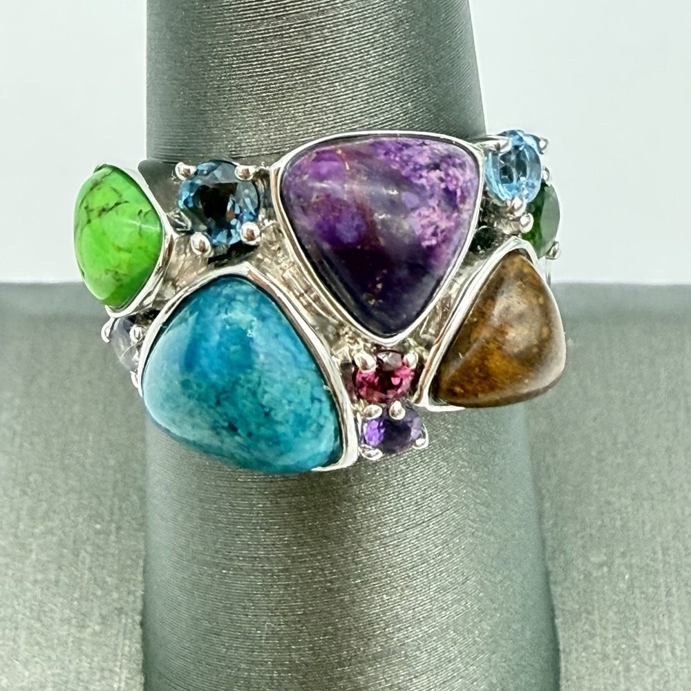 Vtg Lorenzo Sterling Silver Multi Gemstone Ring Turquoise Chrome Diopside QVC S7